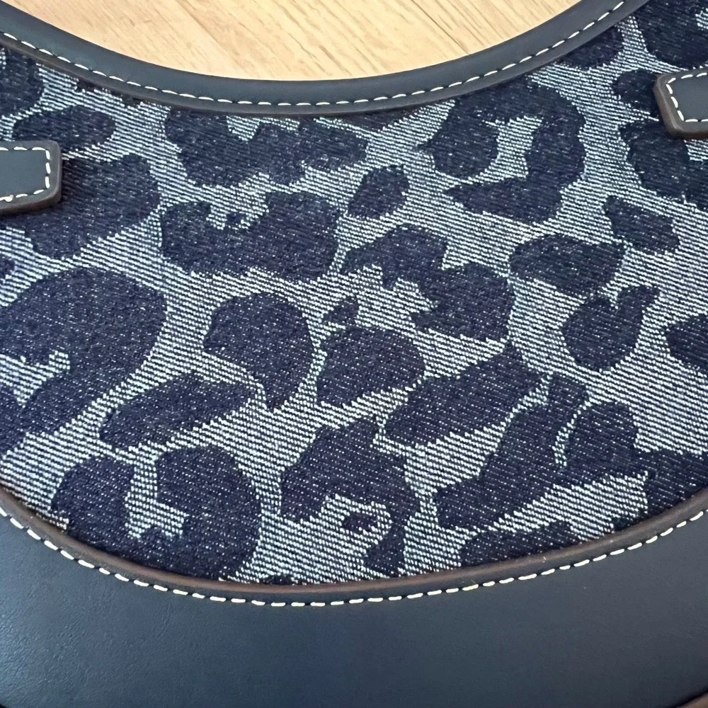 True Religion Women Navy Blue Leopard Print Denim Crescent Shoulder Bag‎ New